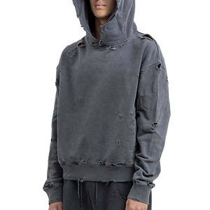 Sudadera con capucha extragrande, diseño desgastado con efecto acid wash y decolorado por el sol, logotipo personalizado bordado, 100% algodón, para hombre - Product Image 1