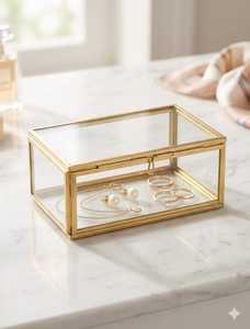 ARTINCO Luxury Clear Glass Jewelry Box with Brass Metal Frame Decorative Trinket Organizer <b>Ring</b> Earrings Keepsake <b>Storage</b> Box - Product Image 2