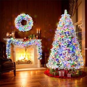 Árbol de Navidad Artificial Preiluminado de 6 Pies con Nieve Artificial, Corona y Guirnalda, Luces LED de Colores, Juego de Árbol de Navidad Articulado - Product Image 1