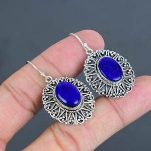 Pendientes de lapislázuli hechos a mano, joyería vintage de plata de ley con piedras preciosas, piedra natural colgante, regalo para ella - Product Image 2