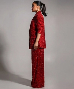 Durable Material Sequin Embroidered Women's Wear <b>Blazer</b> <b>Set</b> Reliable Product Long Sleeve Button Down Closure 2 Piece Formal Suit - Product Image 3