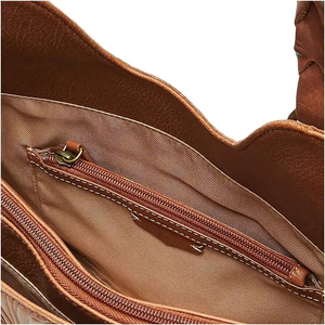 Sac fourre-tout en cuir véritable pour femme, style bohème, motif floral embossé, fermeture éclair, bandoulière avec pompon décoratif - Product Image 5