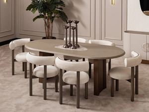 Juego de Comedor Moderno Japandi de Madera de Teca Sólida Color Crema, 6 Sillas, Mesa Ovalada, Muebles Contemporáneos para Cocina de Casa o Villa - Product Image 4
