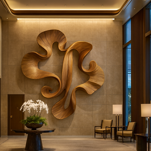 Sculpture murale en bois artisanale pour le salon, art mural en bois organique avec fluidité sculpturale - Product Image 6