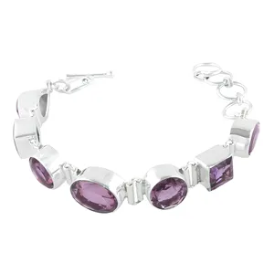 Bracelet géométrique en argent 925 avec améthyste, serti clos, chaîne classique, bijoux pour femme, à porter au quotidien - Product Image 1