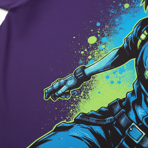 T-shirt pour homme en coton jersey de qualité supérieure, à manches courtes, col rond, coupe classique, avec imprimé de personnage d'anime sur le dos, couleur violette - Product Image 4