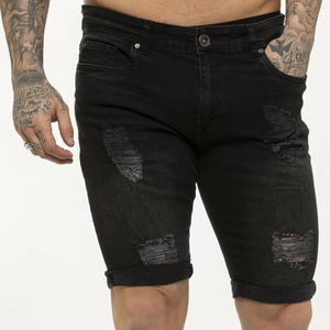 Shorts en jean bleu-noir personnalisés pour homme, style streetwear déchiré, coupe skinny, avec poches, pour l'été - Product Image 3