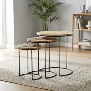 Ensemble de 3 tables gigognes modernes en fer et bois peint, plateau rond en bois naturel, structure en métal noir, meubles de salon - Product Image 5