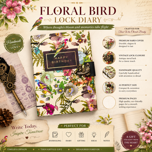 Floral Bird Lock Diary Notebook <b>A5</b> Hardcover Journal | Handmade Eco-Friendly Vintage Writing 100 Sheets Button Closure Design - Product Image 6