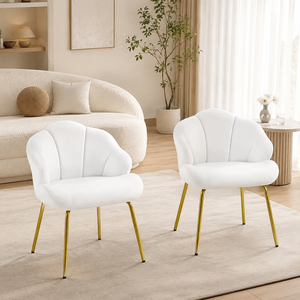 Modern <b>White</b> Upholstered Dining <b>Chair</b> Set of 2 Shell Back Accent <b>Chairs</b> Gold Metal Legs for Living Room Hotel Restaurant Export - Product Image 3