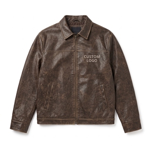 <b>Men</b> Vintage Distressed Sheep Leather <b>Jacket</b> Brown Stand Collar <b>Reflective</b> Front Custom Logo Wholesale Outerwear - Product Image 3