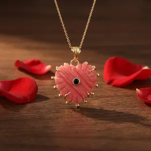 Best Selling 18K Gold Plated Brass Heart Shape Claw Setting Synthetic Rhodochrosite & Black CZ <b>Cable</b> Chain Necklace - Product Image 3