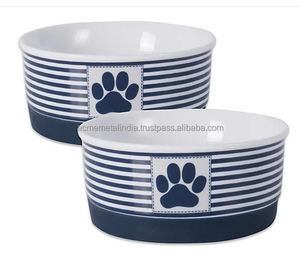 White and Blue Domestic <b>Food</b> Bowl for Pets Enameled Round Shape Perfect for Home and Garden <b>Dog</b> Feeding Bowl - Product Image 1
