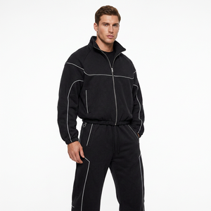 Conjunto Deportivo Unisex Negro, Manga Larga, Cierre de Cremallera, Cuello Alto, Corte Holgado, Transpirable, Color Sólido, para Otoño, con Bolsillos Laterales - Product Image 4