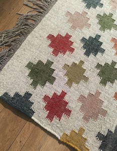 Handmade Wool Flat Weave <b>Thin</b> Low Pile <b>Rug</b> Colorful Diamond Pattern Dhurrie Kilim with Tassels for Modern Interiors - Product Image 6