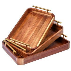 Premium Acacia Wood Tray Rectangular Wooden Serving Tray with Metal Handles for <b>Breakfast</b> Coffee Tea Food Home Decoration - Product Image 1