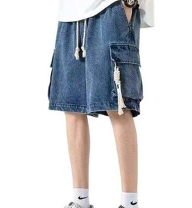 Shorts cargo bleu clair pour homme, taille mi-haute, cordon de serrage, en toile de coton, décontractés, style respirant avec poches - Product Image 2