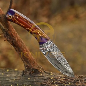 Cuchillo de Caza de Hoja Fija de Acero de Damasco, Punta Caída, Borde Biselado, Mango Morado, Cuchillo para Acampar al Aire Libre - Product Image 5