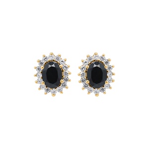 Vente en gros de boucles d'oreilles clous ovales facettées en argent sterling 925 massif avec onyx noir et halo de zirconiums cubiques, Memoria Jewels - Product Image 2
