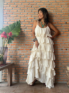 Vestido Maxi Bohemio Blanco con Volantes y Capas, Sin Mangas, Tejido, Cintura Natural, Algodón Orgánico Ecológico, para Verano, Playa y Resort - Product Image 2