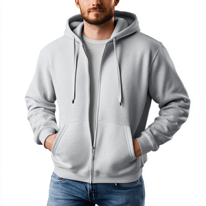 Men's Gray Hooded Zip-Up Sweatshirt Regular Fit Casual Fleece 100% Cotton Solid Color Autumn Wear - Product Image 6