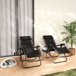 Set di 2 Sedie Reclinabili da Esterno con Poggiatesta e Vassoi Laterali - Nero - Product Image 2