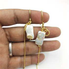 Pendientes Largos con Cadena y Perlas Naturales, Pendientes con Gancho y Perlas Naturales con Cadena Larga - Product Image 2