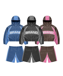 Ensemble de survêtement de qualité supérieure, veste à capuche à manches longues avec fermeture éclair, short, logo personnalisé, survêtement ample pour l'été, respirant - Product Image 1