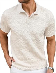 Camisa Polo Casual de Punto Texturizado para Hombre, Camisa de Golf Elástica de Manga Corta, Camisas con Cuello para Hombre para Vacaciones de Verano en la Playa - Product Image 6