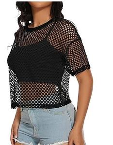 เสื้อยืดตาข่ายซีทรูเซ็กซี่สำหรับผู้หญิง สีดำ แขนสั้น เสื้อครอปสำหรับฤดูร้อน เสื้อตาข่าย - Product Image 3