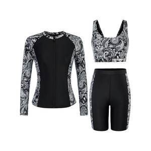 Ensemble de maillot de bain 3 pièces pour femmes, manches longues, fermeture éclair sur le devant, séchage rapide, imprimé, motif Paisley noir et blanc - Product Image 5