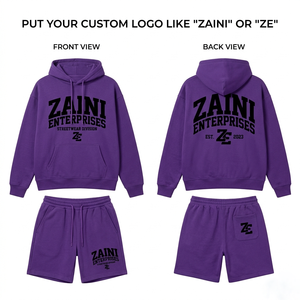 <b>Men</b> <b>Hoodie</b> <b>Short</b> <b>Set</b> Premium Cotton Polyester Fleece 320 GSM Purple Custom Screen Print Logo Pullover <b>Hoodie</b> Matching <b>Shorts</b> <b>Set</b> - Product Image 1
