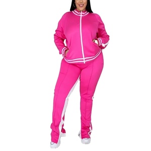 Logo personnalisé grande taille ensemble deux pièces pour femmes survêtement fermeture éclair rayé haut pantalon de survêtement ensemble de jogging Logo personnalisé deux pièces ensemble pour femmes 2026 - Product Image 2