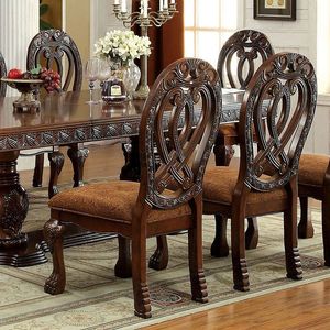 Maestoso tradizionale in legno massello ciliegio sedie da pranzo formali intricati dettagli intagliati con tessuto Set di 2 sedie laterali - Product Image 4