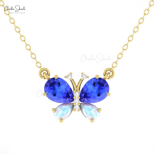 Handcrafted 14k <b>Solid</b> <b>Gold</b> Genuine 1.7 CTW Tanzanite & Moonstone Insect Necklace with Pave Diamond Butterfly Necklace Jewelry - Product Image 4