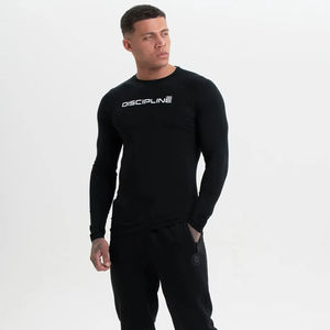 <b>Mens</b> Black Graphic Long Sleeve T Shirt Printed Letter Design <b>Stretch</b> Fit Breathable Casual Gym Activewear - Product Image 1