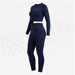 North Approach 2 Piece Yoga Set Full Length High Waist Solid <b>Navy</b> Sweat Wicking Breathable Women's Sportswear - Product Image 3