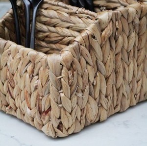 Water Hyacinth Utensil <b>Caddy</b> 4 Compartment Woven Silverware Holder with Handle Wood Beads Decorative Cutlery Basket For Kitchen - Product Image 2