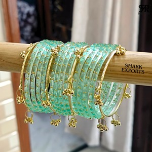 Luxury Handmade Sea Green Kashmiri Raindrop Glass Bangle Set Ghungroo Gold Plated Traditional Ethnic Wedding Jewelry for Women - Product Image 1