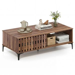Tavolino da Caffè in Stile Mid-Century da 47 Pollici con Aspetto in Legno di Noce, Armadietti Contenitori e Vano Aperto, Modello Basso Resistente - Product Image 1