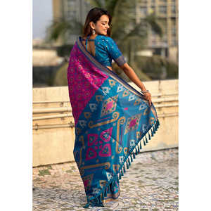 Sari Patola en soie douce tissée Zari Elite Weaves avec des tissages contrastés couleur vin - Product Image 4