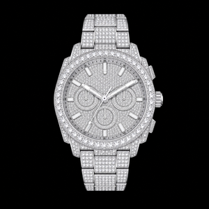 Reloj cronógrafo plateado con incrustaciones de piedras, reloj de pulsera de lujo para hombre con esfera redonda y correa de brazalete. - Product Image 1