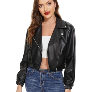 Women's <b>Cropped</b> Sheep Skin PU Eco-Friendly Waterproof Biker <b>Jacket</b> Zipper Closure Stand Collar Full Sleeve Moto Style Autumn - Product Image 6