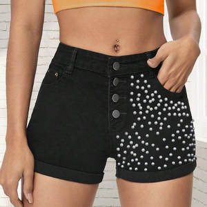 Shorts en jean taille haute pour femmes, couleur unie, décorés de strass asymétriques, vêtements décontractés d'été - Product Image 1