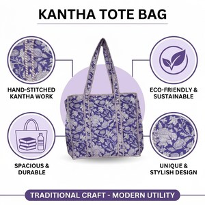 Bolso Tote Acolchado Kantha Floral Morado Hecho a Mano |   Bolso de Hombro de Algodón Artesanal Sostenible para Venta al Por Mayor - Product Image 6