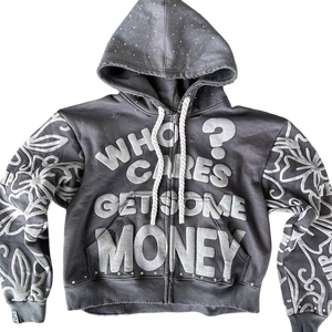 Sweats à capuche entièrement personnalisés style streetwear, imprimés et ornés de strass, sweats à capuche zippés personnalisés OEM, sweats à capuche streetwear effet usé - Product Image 1
