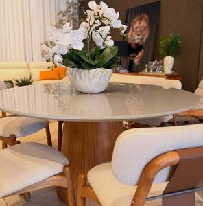 Luxury <b>Round</b> Teak <b>Dining</b> <b>Table</b> <b>Set</b> with Upholstered Chairs Modern Contemporary Furniture - Product Image 2