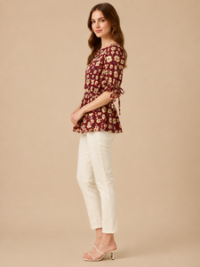 Wholesale Premium Maroon Color Floral Print <b>Top</b> O <b>Neck</b> Half Sleeve <b>Tie</b> Cuff Smocked Waist Casual Summer Daily Wear Crop <b>Top</b> - Product Image 1