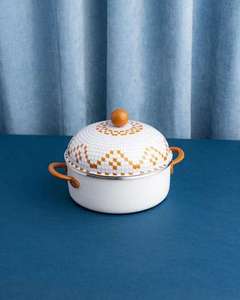 Decorative Silver Conical Lid Food Warmer with Wooden Base Crisscross Pattern Elegant Casserole Pot Kitchenware Home Decor - Product Image 1