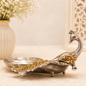 Plat de service en argent et or fait main, motif paon, artisanat indien traditionnel, centre de table décoratif, accent pour salon - Product Image 6